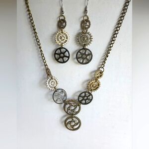 Steampunk gears necklace and earrings set